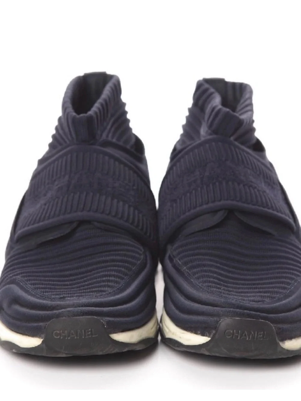 CHANEL Dark Blue Knit High-Top Sneakers